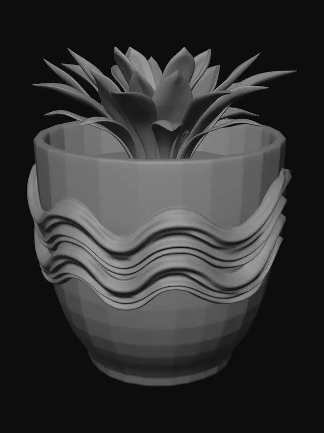 3D model for 生成一个带有海浪的花盆，海浪立体涌出杯口