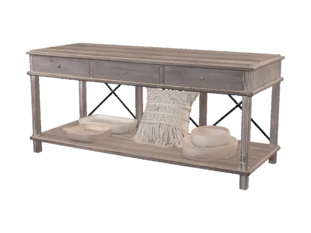 Rustic wooden console table with bowls and macrame pillow-3D-modell, genererad av AI