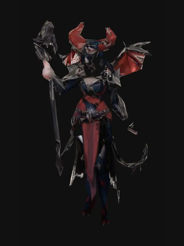 3D model for dark fantasy female demon warrior-sorceress, standing in an epic pose, long black flowing hair, elegant crimson horns, glowing red eyes, wearing detailed molten black and red armor with fiery runes, flames flowing through armor veins, one hand holding a blazing fire whip made of molten energy, the other channeling infernal magic, long tattered skirt with metal ornaments, armored boots on cracked volcanic ground glowing with lava, surrounded by embers and heat distortion, cinematic lighting, extremely detailed, high resolution texture, epic stance