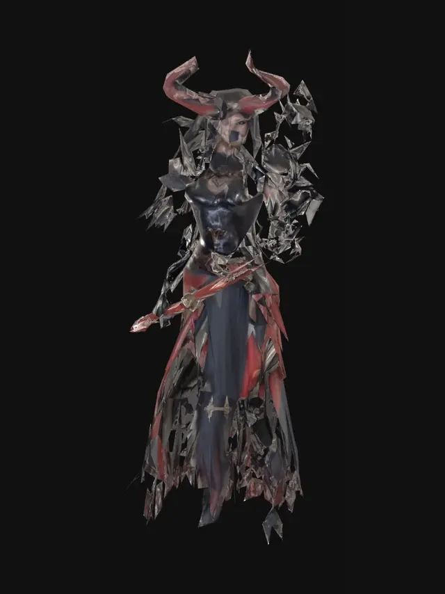 3D model for dark fantasy female demon warrior-sorceress, standing in an epic pose, long black flowing hair, elegant crimson horns, glowing red eyes, wearing detailed molten black and red armor with fiery runes, flames flowing through armor veins, one hand holding a blazing fire whip made of molten energy, the other channeling infernal magic, long tattered skirt with metal ornaments, armored boots on cracked volcanic ground glowing with lava, surrounded by embers and heat distortion, cinematic lighting, extremely detailed, high resolution texture, epic stance