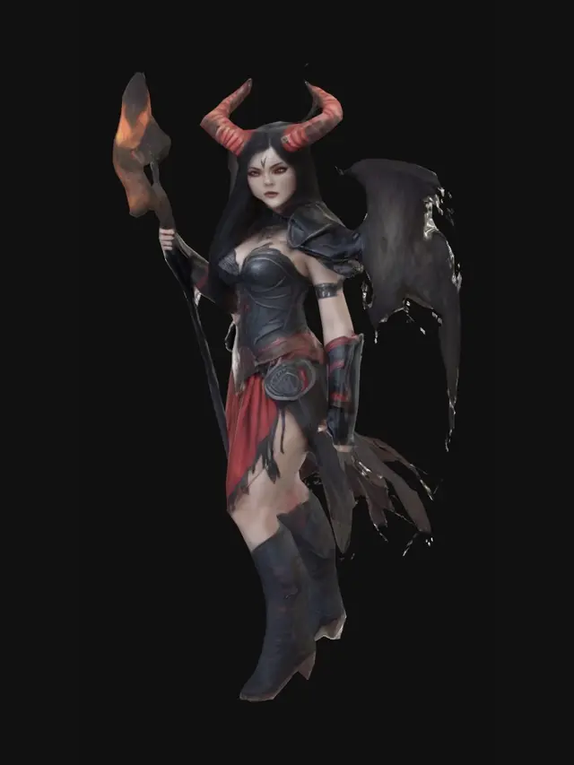 3D model for dark fantasy female demon warrior-sorceress, standing in an epic pose, long black flowing hair, elegant crimson horns, glowing red eyes, wearing detailed molten black and red armor with fiery runes, flames flowing through armor veins, one hand holding a blazing fire whip made of molten energy, the other channeling infernal magic, long tattered skirt with metal ornaments, armored boots on cracked volcanic ground glowing with lava, surrounded by embers and heat distortion, cinematic lighting, extremely detailed, high resolution texture, epic stance