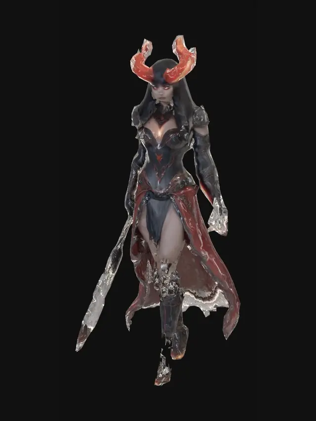 3D model for dark fantasy female demon warrior-sorceress, standing in an epic pose, long black flowing hair, elegant crimson horns, glowing red eyes, wearing detailed molten black and red armor with fiery runes, flames flowing through armor veins, one hand holding a blazing fire whip made of molten energy, the other channeling infernal magic, long tattered skirt with metal ornaments, armored boots on cracked volcanic ground glowing with lava, surrounded by embers and heat distortion, cinematic lighting, extremely detailed, high resolution texture, epic stance