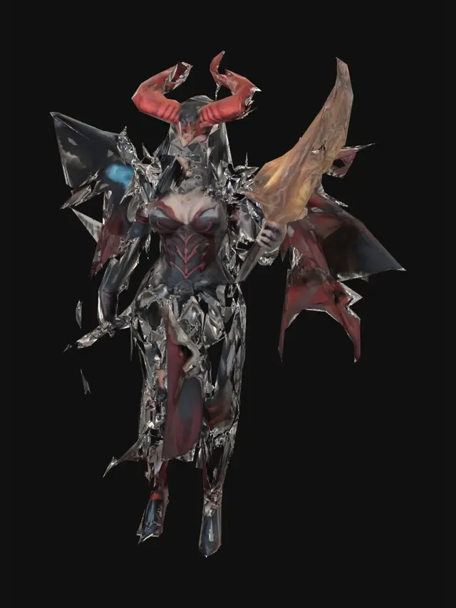 3D model for dark fantasy female demon warrior-sorceress, standing in an epic pose, long black flowing hair, elegant crimson horns, glowing red eyes, wearing detailed molten black and red armor with fiery runes, flames flowing through armor veins, one hand holding a blazing fire whip made of molten energy, the other channeling infernal magic, long tattered skirt with metal ornaments, armored boots on cracked volcanic ground glowing with lava, surrounded by embers and heat distortion, cinematic lighting, extremely detailed, high resolution texture, epic stance