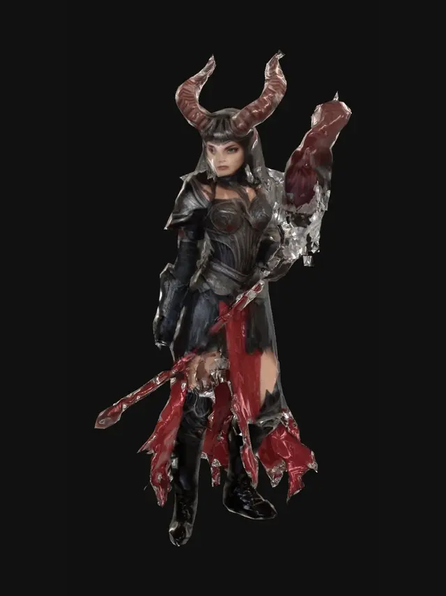 3D model for dark fantasy female demon warrior-sorceress, standing in an epic pose, long black flowing hair, elegant crimson horns, glowing red eyes, wearing detailed molten black and red armor with fiery runes, flames flowing through armor veins, one hand holding a blazing fire whip made of molten energy, the other channeling infernal magic, long tattered skirt with metal ornaments, armored boots on cracked volcanic ground glowing with lava, surrounded by embers and heat distortion, cinematic lighting, extremely detailed, high resolution texture, epic stance