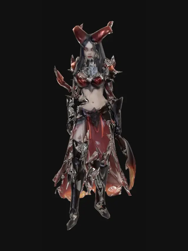 3D model for dark fantasy female demon warrior-sorceress, standing in an epic pose, long black flowing hair, elegant crimson horns, glowing red eyes, wearing detailed molten black and red armor with fiery runes, flames flowing through armor veins, one hand holding a blazing fire whip made of molten energy, the other channeling infernal magic, long tattered skirt with metal ornaments, armored boots on cracked volcanic ground glowing with lava, surrounded by embers and heat distortion, cinematic lighting, extremely detailed, high resolution texture, epic stance