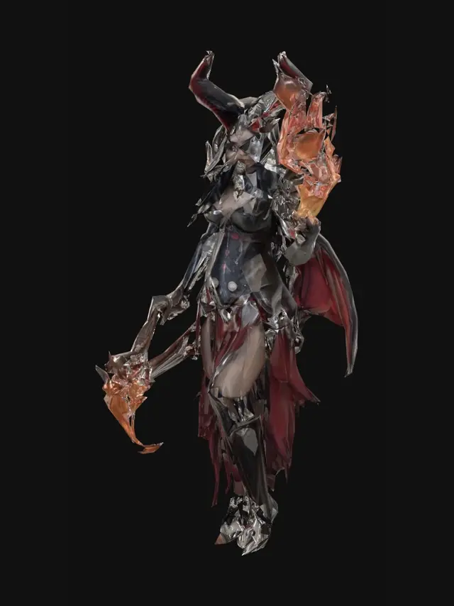 3D model for dark fantasy female demon warrior-sorceress, standing in an epic pose, long black flowing hair, elegant crimson horns, glowing red eyes, wearing detailed molten black and red armor with fiery runes, flames flowing through armor veins, one hand holding a blazing fire whip made of molten energy, the other channeling infernal magic, long tattered skirt with metal ornaments, armored boots on cracked volcanic ground glowing with lava, surrounded by embers and heat distortion, cinematic lighting, extremely detailed, high resolution texture, epic stance