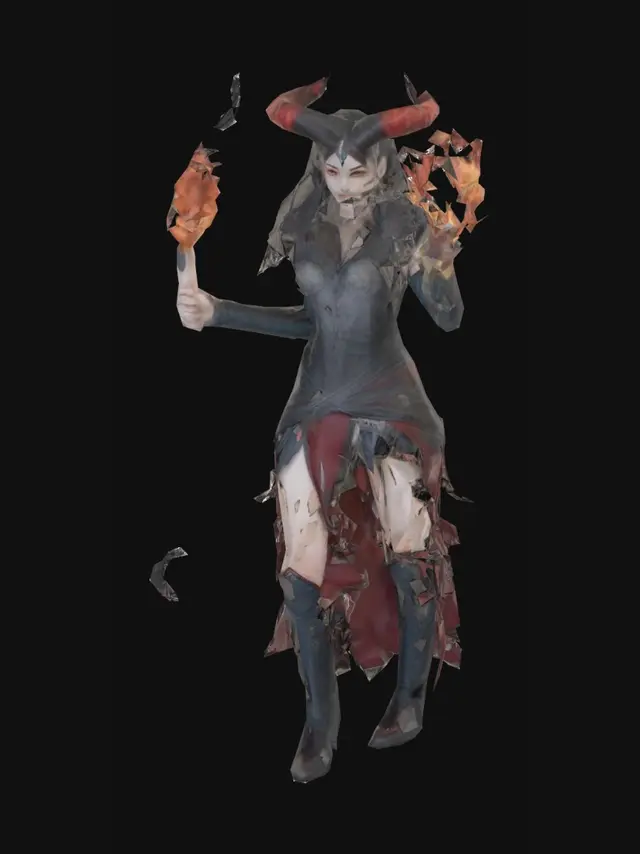 3D model for dark fantasy female demon warrior-sorceress, standing in an epic pose, long black flowing hair, elegant crimson horns, glowing red eyes, wearing detailed molten black and red armor with fiery runes, flames flowing through armor veins, one hand holding a blazing fire whip made of molten energy, the other channeling infernal magic, long tattered skirt with metal ornaments, armored boots on cracked volcanic ground glowing with lava, surrounded by embers and heat distortion, cinematic lighting, extremely detailed, high resolution texture, epic stance