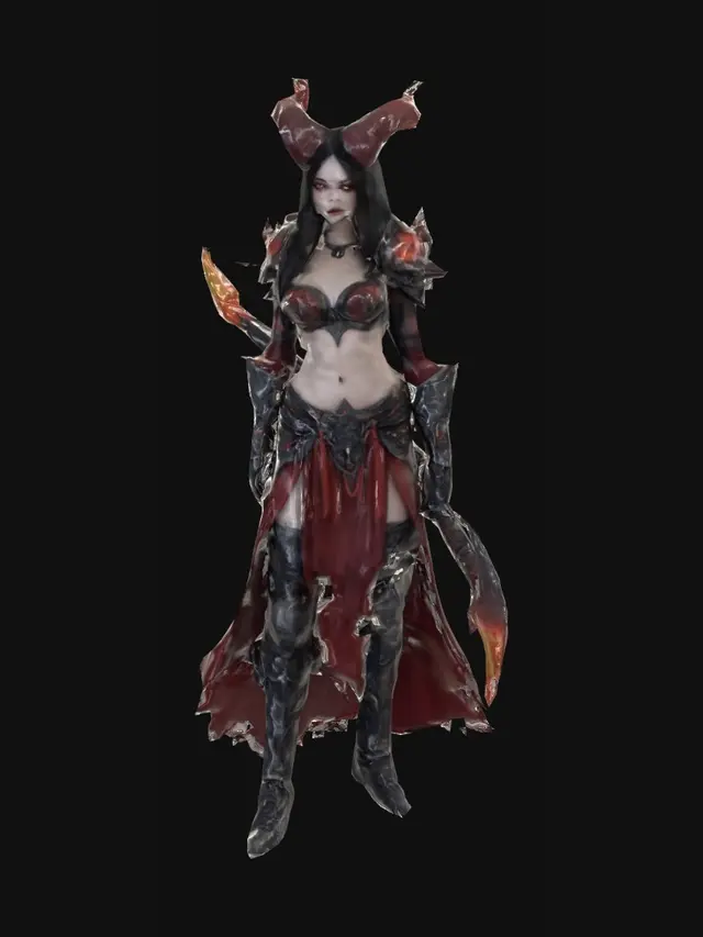 3D model for dark fantasy female demon warrior-sorceress, standing in an epic pose, long black flowing hair, elegant crimson horns, glowing red eyes, wearing detailed molten black and red armor with fiery runes, flames flowing through armor veins, one hand holding a blazing fire whip made of molten energy, the other channeling infernal magic, long tattered skirt with metal ornaments, armored boots on cracked volcanic ground glowing with lava, surrounded by embers and heat distortion, cinematic lighting, extremely detailed, high resolution texture, epic stance
