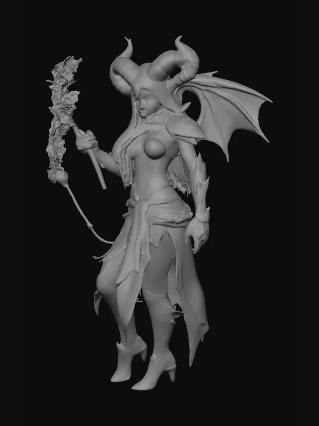 3D model for dark fantasy female demon warrior-sorceress, standing in an epic pose, long black flowing hair, elegant crimson horns, glowing red eyes, wearing detailed molten black and red armor with fiery runes, flames flowing through armor veins, one hand holding a blazing fire whip made of molten energy, the other channeling infernal magic, long tattered skirt with metal ornaments, armored boots on cracked volcanic ground glowing with lava, surrounded by embers and heat distortion, cinematic lighting, extremely detailed, high resolution texture, epic stance