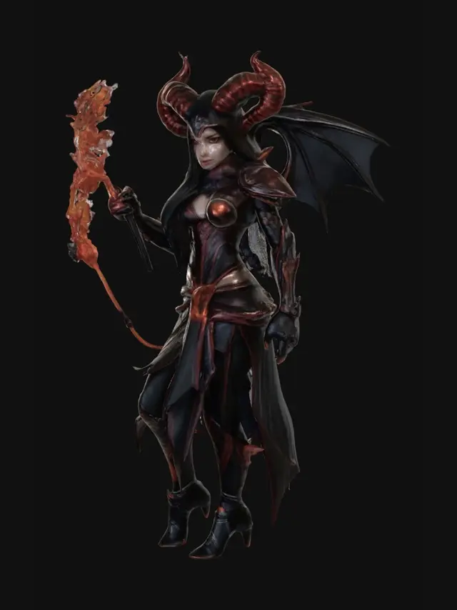 3D model for dark fantasy female demon warrior-sorceress, standing in an epic pose, long black flowing hair, elegant crimson horns, glowing red eyes, wearing detailed molten black and red armor with fiery runes, flames flowing through armor veins, one hand holding a blazing fire whip made of molten energy, the other channeling infernal magic, long tattered skirt with metal ornaments, armored boots on cracked volcanic ground glowing with lava, surrounded by embers and heat distortion, cinematic lighting, extremely detailed, high resolution texture, epic stance