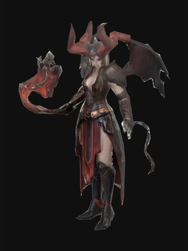 3D model for dark fantasy female demon warrior-sorceress, standing in an epic pose, long black flowing hair, elegant crimson horns, glowing red eyes, wearing detailed molten black and red armor with fiery runes, flames flowing through armor veins, one hand holding a blazing fire whip made of molten energy, the other channeling infernal magic, long tattered skirt with metal ornaments, armored boots on cracked volcanic ground glowing with lava, surrounded by embers and heat distortion, cinematic lighting, extremely detailed, high resolution texture, epic stance