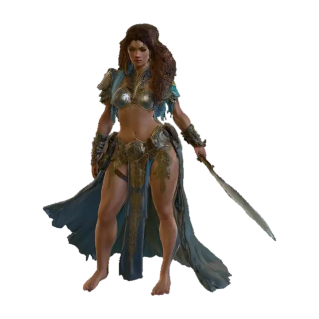 Warrior Queen of the Ruins - Barefoot 3D model, vytvořený pomocí AI