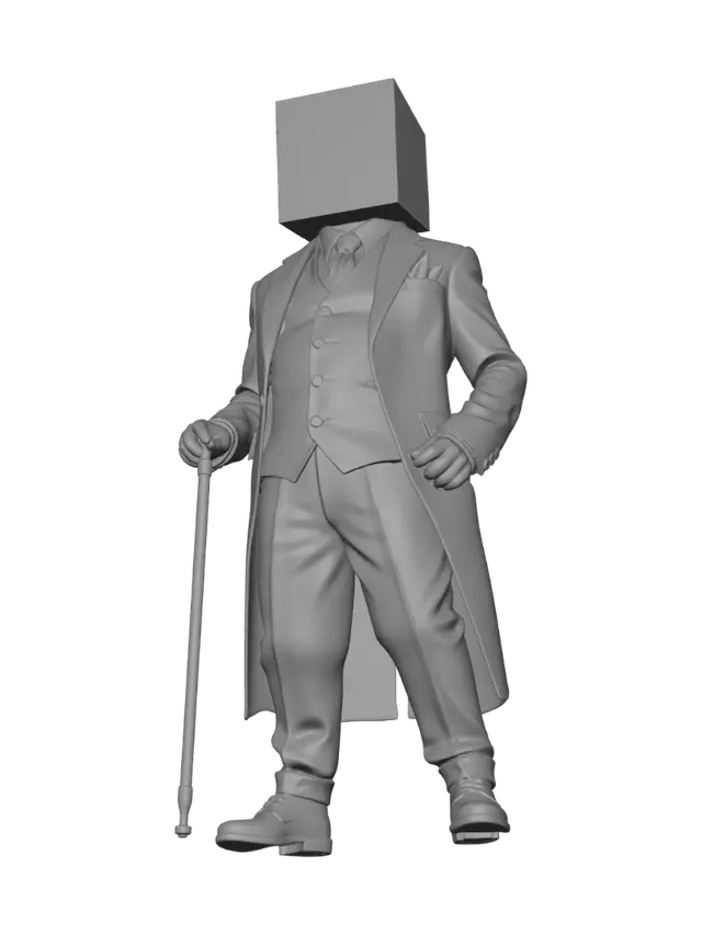 3D model for Create a stylized 3D gentleman with a matte black cube head, no face, hair or seams. Slim realistic body wearing a black tailored three-piece suit, white shirt, black tie, white pocket square, black leather gloves and polished Oxford shoes. Include a silver pocket watch chain and a black cane with a silver handle. Premium noir style with PBR materials, clean quad topology, UV unwrapped, separate clothing meshes, 25k–40k polygons. Humanoid Mixamo-compatible rig in T-Pose with finger bones. Export as editable GLB with embedded textures, Blender-ready, origin at feet, +Y forward, +Z up. Single character, no background, high quality.```