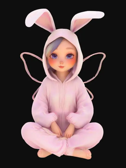3D model for A fairy wearing a large bunny onesie with long drooping ears and oversized sleeves, sitting cross-legged in a field of glowing flowers at dusk, small wings shimmering softly behind her, gentle smile on her face, pastel color palette, dreamy cartoon-painterly hybrid style