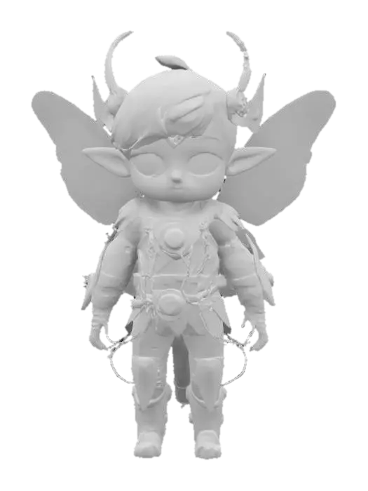 3D model for fairy in the world of Made in Abyss — oversized eyes filled with unknown galaxies, childlike appearance with biomechanical armor sprouting tiny vines, backpack made of living creatures whispering map fragments, soft wings that crumble like ash if touched; her voice sounds like a lullaby sung deep underwater — #fairy#