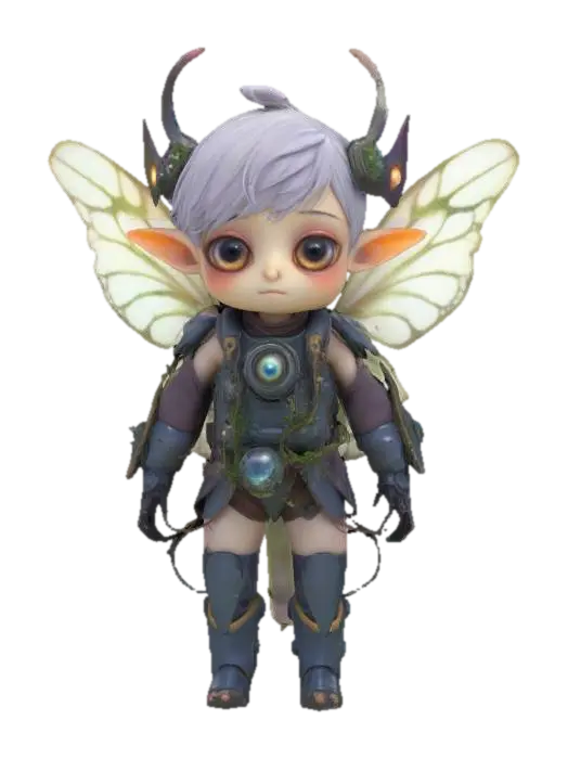3D model for fairy in the world of Made in Abyss — oversized eyes filled with unknown galaxies, childlike appearance with biomechanical armor sprouting tiny vines, backpack made of living creatures whispering map fragments, soft wings that crumble like ash if touched; her voice sounds like a lullaby sung deep underwater — #fairy#