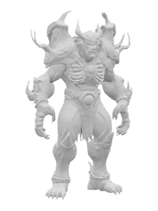 3D model for dark fantasy, stylized cartoon, humanoid behemoth, polished obsidian skin with glowing jade fissures, head a swirling vortex of metallic shards, floating emerald eye orbs, exposed ribcage revealing spinning gear-heart, arms ending in serrated iron blades, crystallized bone spines on shoulders, pillar-like legs with broken chain anklets, intricate runic etchings, bold white outline