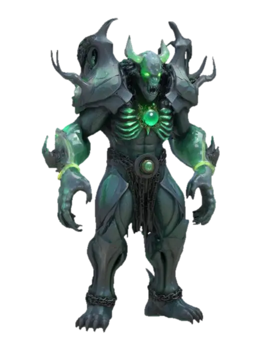 3D model for dark fantasy, stylized cartoon, humanoid behemoth, polished obsidian skin with glowing jade fissures, head a swirling vortex of metallic shards, floating emerald eye orbs, exposed ribcage revealing spinning gear-heart, arms ending in serrated iron blades, crystallized bone spines on shoulders, pillar-like legs with broken chain anklets, intricate runic etchings, bold white outline