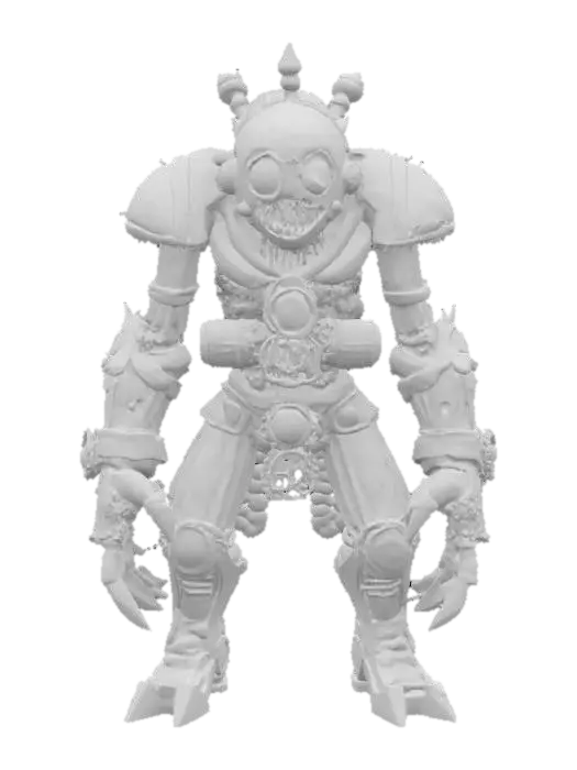 3D model for dark fantasy, stylized cartoon, humanoid colossus of clockwork gears and shattered glass plating, face a mosaic mask of fractured mirrors, arms ending in rotating gear talons, chest cavity housing a miniature orrery of etched runes, spine of interlocking bronze vertebrae, legs built from layered metal plates, joints sealed by riveted steel bands
