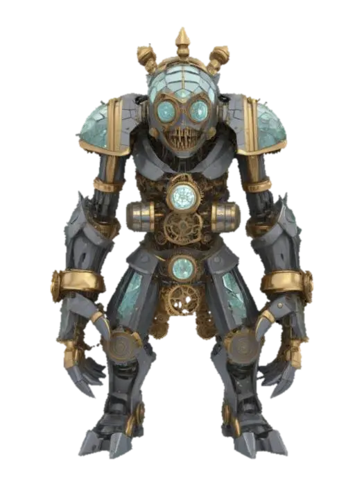 3D model for dark fantasy, stylized cartoon, humanoid colossus of clockwork gears and shattered glass plating, face a mosaic mask of fractured mirrors, arms ending in rotating gear talons, chest cavity housing a miniature orrery of etched runes, spine of interlocking bronze vertebrae, legs built from layered metal plates, joints sealed by riveted steel bands