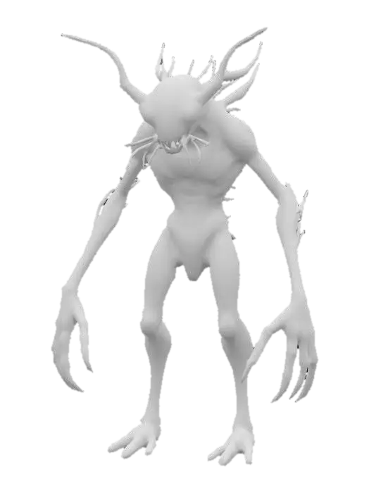 3D model for A grotesque, insectoid enemy – a towering, chitinous creature with four muscular, digitigrade legs and a hunched upper body. Its exoskeleton is covered in cracked, iridescent plates resembling ancient scarabs, with jagged protrusions and pulsating, bioluminescent veins running along its limbs. The arms are asymmetrical: one ends in a massive, mantis-like scythe, the other in a cluster of writhing, worm-like tendrils. Its head is elongated, with multiple faceted eyes of varying sizes glowing sickly orange. Mandibles jut out, dripping a viscous, black ichor. Along its spine run several bony, upward-curving spikes, some wrapped in a web-like membrane. Parts of its body are infested with tiny, parasitic creatures that occasionally crawl from gaps in its shell. Its stance is menacing, predatory