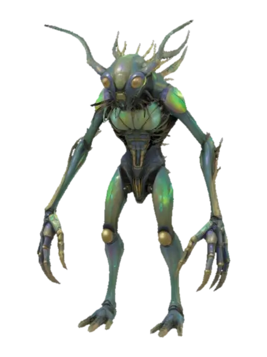 3D model for A grotesque, insectoid enemy – a towering, chitinous creature with four muscular, digitigrade legs and a hunched upper body. Its exoskeleton is covered in cracked, iridescent plates resembling ancient scarabs, with jagged protrusions and pulsating, bioluminescent veins running along its limbs. The arms are asymmetrical: one ends in a massive, mantis-like scythe, the other in a cluster of writhing, worm-like tendrils. Its head is elongated, with multiple faceted eyes of varying sizes glowing sickly orange. Mandibles jut out, dripping a viscous, black ichor. Along its spine run several bony, upward-curving spikes, some wrapped in a web-like membrane. Parts of its body are infested with tiny, parasitic creatures that occasionally crawl from gaps in its shell. Its stance is menacing, predatory