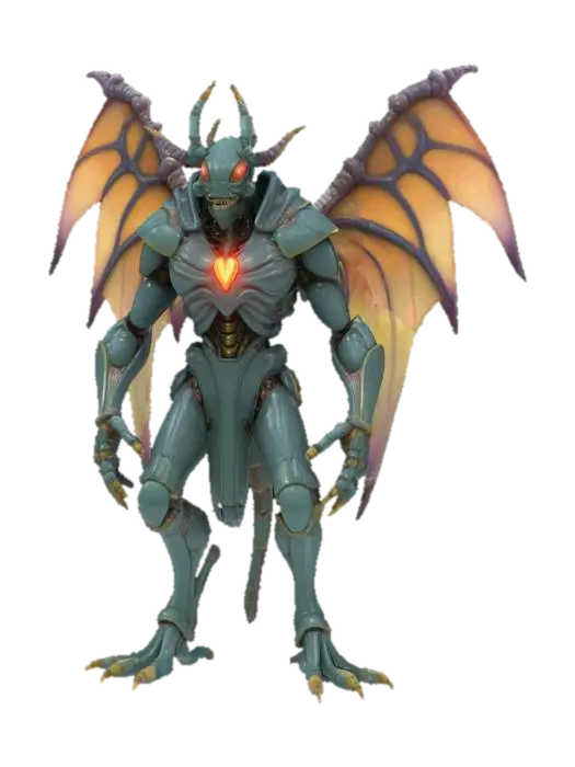 3D model for An insectoid-humanoid fusion, with four arms and digitigrade legs. Its body is segmented, covered with patches of glistening, chitinous armor interspersed with soft, pulsing membranes. The head splits vertically into two separate, clicking halves revealing inner rings of glimmering, crystal fangs. Where a heart would be, a glowing, spinning gyroscope is suspended inside a transparent cavity. Each arm ends in a different appendage: a cluster of pincers, a spinning saw-like disc of bone, a web-shooting gland, and a mass of ever-multiplying fingers. Tiny, iridescent beetles crawl in and out of open seams in its chest and limbs. No armor or weapons – purely organic and experimental horror, lo-fi surreal, hyper-detailed.