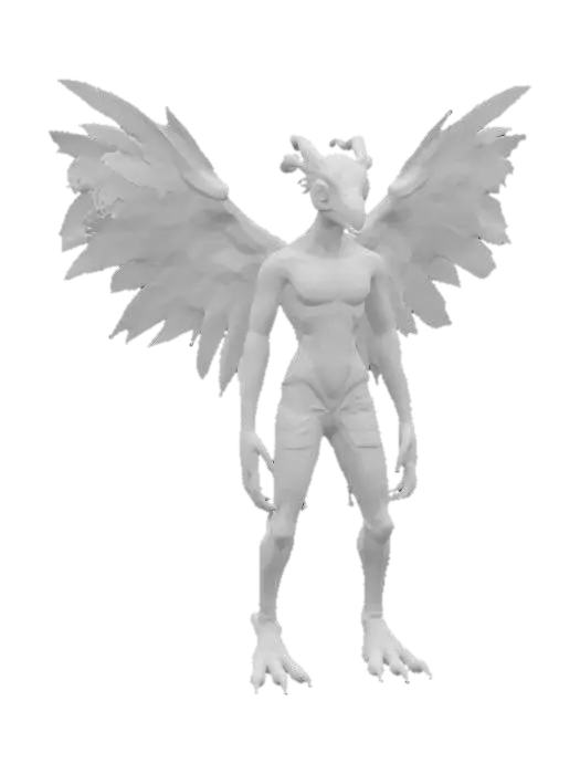 3D model for A humanoid abomination whose flesh is a patchwork of different animal skins—scales, feathers, fur, and bare muscle—stitched together with thick, black thread. The face is a distorted blend: one half avian with a curved beak, the other half reptilian with gleaming, lidless eye and exposed fangs. Two pairs of arms: upper pair covered in white feathers ending in human-like hands, lower pair scaly and ending in talons. Along its back, a line of twitching, vestigial wings and spines, some molting. Its legs are powerful, digitigrade, and partly flayed, exposing tendons and bone. Movement is predatory and erratic, occasionally letting out a guttural, multi-voiced screech. Hyper-surreal, dark fantasy, hyper-detailed, no weapons or armor.
