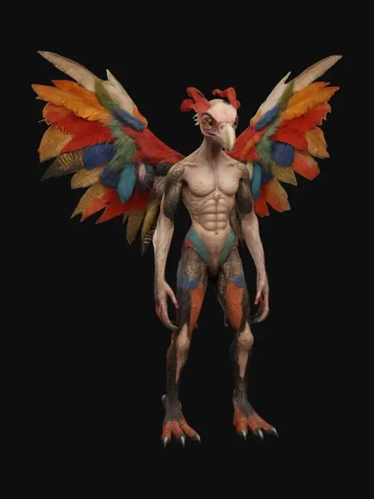 3D model for A humanoid abomination whose flesh is a patchwork of different animal skins—scales, feathers, fur, and bare muscle—stitched together with thick, black thread. The face is a distorted blend: one half avian with a curved beak, the other half reptilian with gleaming, lidless eye and exposed fangs. Two pairs of arms: upper pair covered in white feathers ending in human-like hands, lower pair scaly and ending in talons. Along its back, a line of twitching, vestigial wings and spines, some molting. Its legs are powerful, digitigrade, and partly flayed, exposing tendons and bone. Movement is predatory and erratic, occasionally letting out a guttural, multi-voiced screech. Hyper-surreal, dark fantasy, hyper-detailed, no weapons or armor.