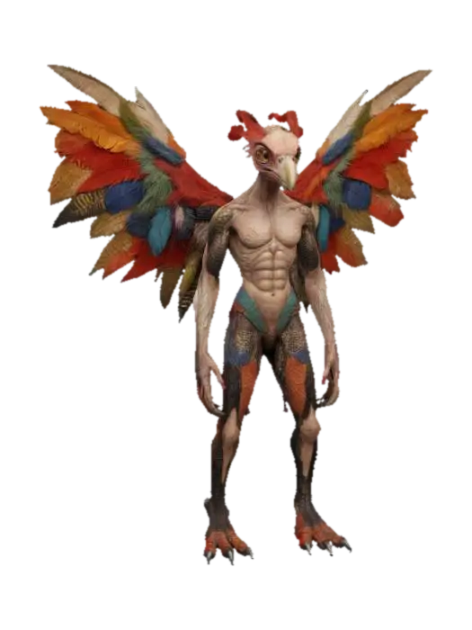 3D model for A humanoid abomination whose flesh is a patchwork of different animal skins—scales, feathers, fur, and bare muscle—stitched together with thick, black thread. The face is a distorted blend: one half avian with a curved beak, the other half reptilian with gleaming, lidless eye and exposed fangs. Two pairs of arms: upper pair covered in white feathers ending in human-like hands, lower pair scaly and ending in talons. Along its back, a line of twitching, vestigial wings and spines, some molting. Its legs are powerful, digitigrade, and partly flayed, exposing tendons and bone. Movement is predatory and erratic, occasionally letting out a guttural, multi-voiced screech. Hyper-surreal, dark fantasy, hyper-detailed, no weapons or armor.
