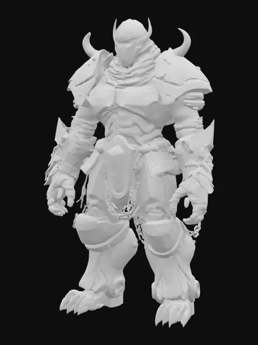 3D model for Hoof-like iron feet, legs clad in rough metal. Knees spiked, thighs broad and solid. Pelvis heavy, draped in broken chains. Chest like a fortress, covered with overlapping iron sheets. Arms huge, hands like anvils. Head like a brutal helmet, eye slits burning red.