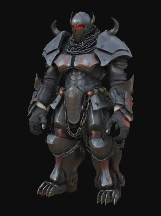 3D model for Hoof-like iron feet, legs clad in rough metal. Knees spiked, thighs broad and solid. Pelvis heavy, draped in broken chains. Chest like a fortress, covered with overlapping iron sheets. Arms huge, hands like anvils. Head like a brutal helmet, eye slits burning red.