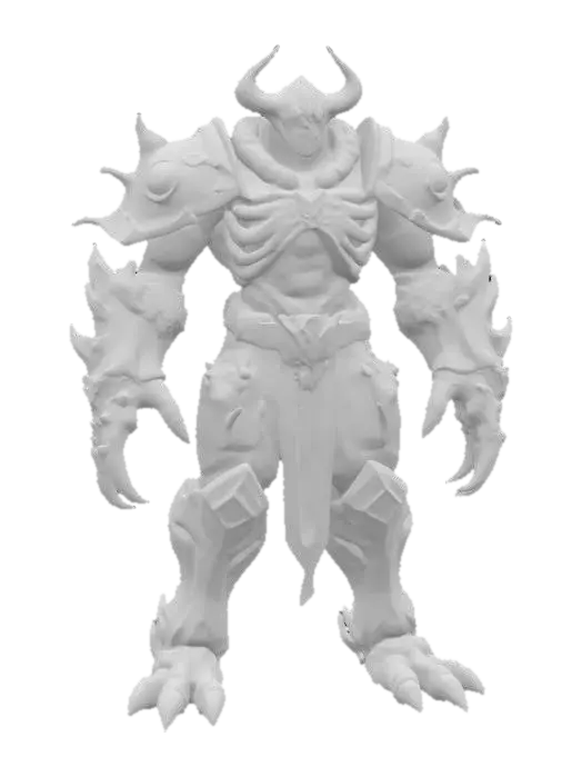 3D model for Inspired by Susanoo (Naruto):
Giant humanoid boss with layered, semi-transparent armor resembling spectral bone plates; shoulders and arms bulky and angular, ribcage expanded with overlapping ribs visible on the outside, hands massive and clawed, head helmeted with glowing eyes set deep within a stern, mask-like face.