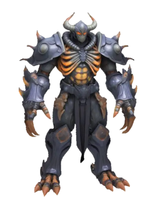 3D model for Inspired by Susanoo (Naruto):
Giant humanoid boss with layered, semi-transparent armor resembling spectral bone plates; shoulders and arms bulky and angular, ribcage expanded with overlapping ribs visible on the outside, hands massive and clawed, head helmeted with glowing eyes set deep within a stern, mask-like face.