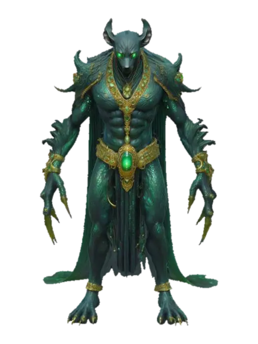 3D model for A towering, lithe humanoid boss with obsidian-black, jackal-like head and a body covered in shimmering scales and writhing, bioluminescent tentacles emerging from its back and sides. Ancient golden jewelry hangs from its neck and wrists, and its eyes glow an eerie green. Instead of a mouth, the lower face splits open to reveal rows of tiny lamprey-like teeth, constantly shifting and pulsing with eldritch energy.