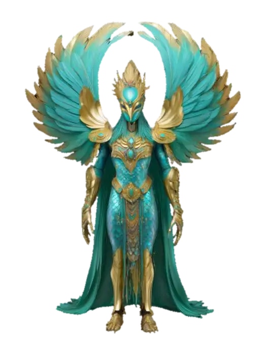 3D model for A regal humanoid boss, entire body coiled in iridescent, feathered scales of turquoise and gold. The face is smooth and mask-like, framed by a mane of stylized, fan-shaped feathers, and the shoulders and forearms are adorned with stone glyphs and jewelry. From the back, two sweeping plumes curve upwards, and the lower body tapers into overlapping, serpent-like armor plates.