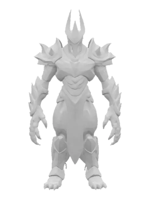 3D model for A towering humanoid boss with an armored, angular body and organic musculature showing beneath segmented purple plating. The head is long and helmet-like, crowned with a single, blade-like horn, and the shoulders are broad with green, glowing accents. Elongated limbs end in clawed, almost skeletal hands, while a cable-like appendage trails from the upper back.