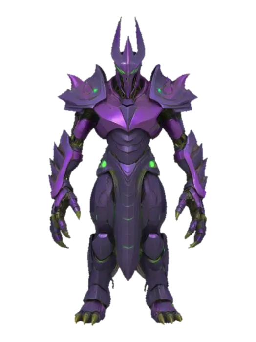 3D model for A towering humanoid boss with an armored, angular body and organic musculature showing beneath segmented purple plating. The head is long and helmet-like, crowned with a single, blade-like horn, and the shoulders are broad with green, glowing accents. Elongated limbs end in clawed, almost skeletal hands, while a cable-like appendage trails from the upper back.