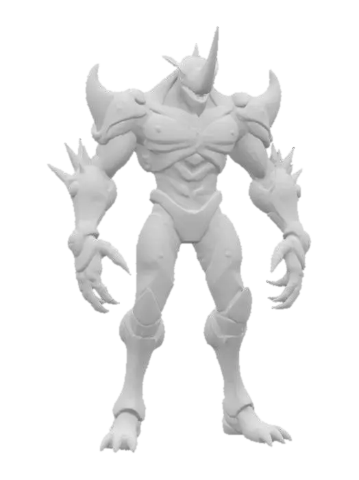 3D model for A towering humanoid boss with an armored, angular body and organic musculature showing beneath segmented purple plating. The head is long and helmet-like, crowned with a single, blade-like horn, and the shoulders are broad with green, glowing accents. Elongated limbs end in clawed, almost skeletal hands, while a cable-like appendage trails from the upper back.