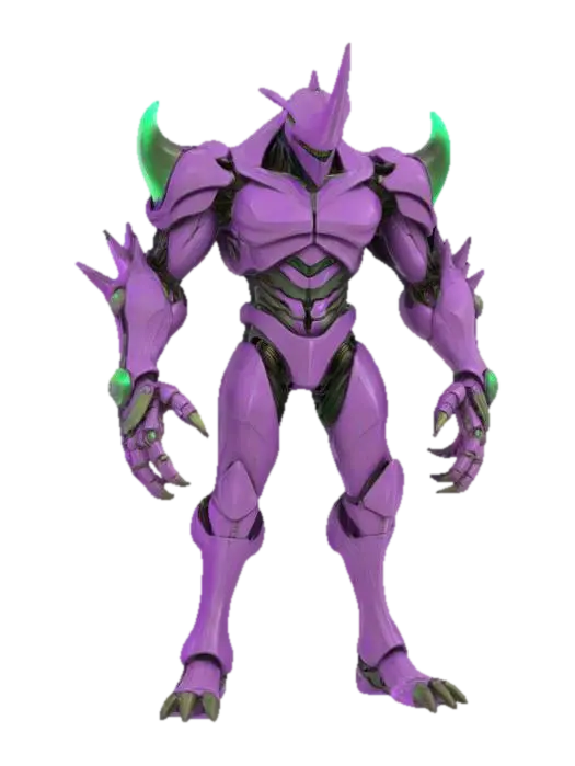 3D model for A towering humanoid boss with an armored, angular body and organic musculature showing beneath segmented purple plating. The head is long and helmet-like, crowned with a single, blade-like horn, and the shoulders are broad with green, glowing accents. Elongated limbs end in clawed, almost skeletal hands, while a cable-like appendage trails from the upper back.