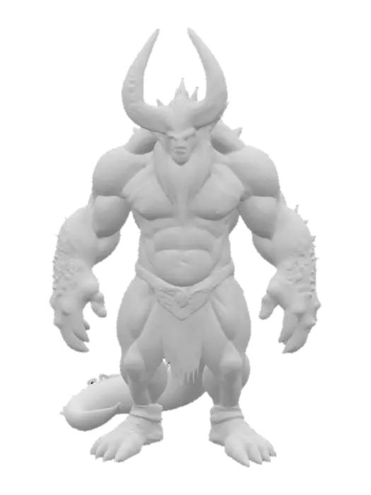 3D model for A massive, imposing humanoid boss with a heavily built frame and draconic, scale-like textures across the arms, chest, and back. The head features long, wild hair and a pair of thick, curved horns, while the jawline is squared and pronounced. The body radiates raw strength, with large, calloused hands and a thick tail trailing behind, hinting at a beastly lineage.