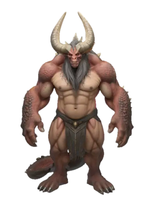3D model for A massive, imposing humanoid boss with a heavily built frame and draconic, scale-like textures across the arms, chest, and back. The head features long, wild hair and a pair of thick, curved horns, while the jawline is squared and pronounced. The body radiates raw strength, with large, calloused hands and a thick tail trailing behind, hinting at a beastly lineage.