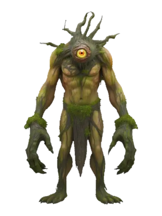 Cyclops with Tree Bark Skin – A massive cyclops with one large, glowing eye and skin… 3D model, vytvořený pomocí AI