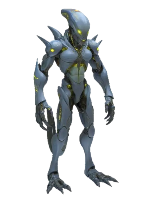 3D model for Shapeshifting Alien with Bio-Mechanical Armor – A humanoid alien capable of shifting its form. Its body is covered in bio-mechanical armor, glowing with intricate patterns of light. The alien has multiple eyes that shift position depending on its form, and its limbs are sleek and powerful, ready for combat or stealth.