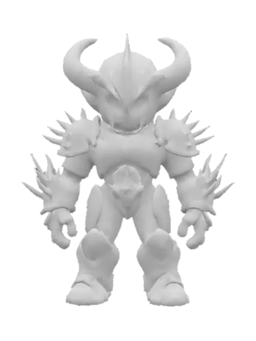 3D model for A stylized, compact chibi-style enemy character designed as a powerful bruiser. Mezalor has a bulky, wide body with short but thick limbs, and a small, slightly oversized head for a toy-like feel — but still fully riggable. His skin or armor is smooth and solid, with deep blue tones and bright glowing orange cracks, as if he's holding back massive inner power. He has no visible face — only a glowing slit, gem, or flat mask. Spikes or bony protrusions on shoulders and arms add menace without clutter. His overall shape is clean, rounded, and slightly exaggerated, like a collectible vinyl figure. The silhouette reads “small but unstoppable,” and the materials are glossy and toy-like — fitting a sci-fi fantasy boss squad.