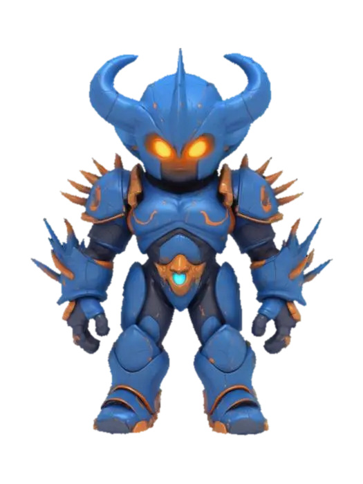 3D model for A stylized, compact chibi-style enemy character designed as a powerful bruiser. Mezalor has a bulky, wide body with short but thick limbs, and a small, slightly oversized head for a toy-like feel — but still fully riggable. His skin or armor is smooth and solid, with deep blue tones and bright glowing orange cracks, as if he's holding back massive inner power. He has no visible face — only a glowing slit, gem, or flat mask. Spikes or bony protrusions on shoulders and arms add menace without clutter. His overall shape is clean, rounded, and slightly exaggerated, like a collectible vinyl figure. The silhouette reads “small but unstoppable,” and the materials are glossy and toy-like — fitting a sci-fi fantasy boss squad.