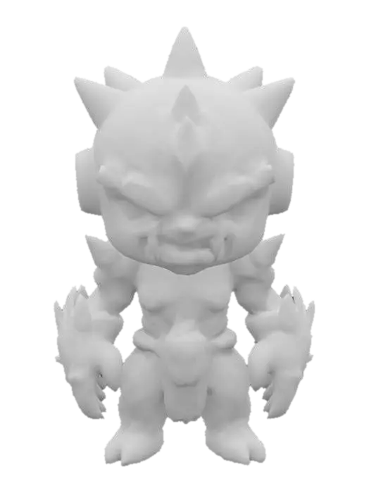 3D model for A stylized, compact chibi-style enemy character designed as a powerful bruiser. Mezalor has a bulky, wide body with short but thick limbs, and a small, slightly oversized head for a toy-like feel — but still fully riggable. His skin or armor is smooth and solid, with deep blue tones and bright glowing orange cracks, as if he's holding back massive inner power. He has no visible face — only a glowing slit, gem, or flat mask. Spikes or bony protrusions on shoulders and arms add menace without clutter. His overall shape is clean, rounded, and slightly exaggerated, like a collectible vinyl figure. The silhouette reads “small but unstoppable,” and the materials are glossy and toy-like — fitting a sci-fi fantasy boss squad.