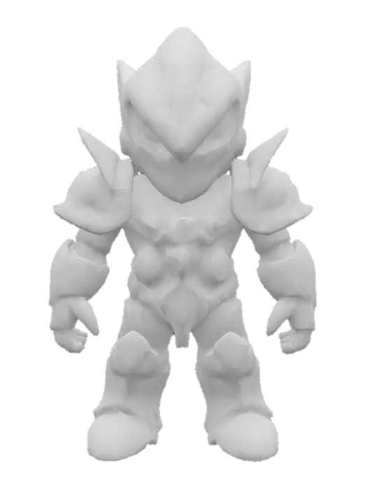 3D model for A stylized, compact chibi-style enemy character designed as a powerful bruiser. Mezalor has a bulky, wide body with short but thick limbs, and a small, slightly oversized head for a toy-like feel — but still fully riggable. His skin or armor is smooth and solid, with deep blue tones and bright glowing orange cracks, as if he's holding back massive inner power. He has no visible face — only a glowing slit, gem, or flat mask. Spikes or bony protrusions on shoulders and arms add menace without clutter. His overall shape is clean, rounded, and slightly exaggerated, like a collectible vinyl figure. The silhouette reads “small but unstoppable,” and the materials are glossy and toy-like — fitting a sci-fi fantasy boss squad.