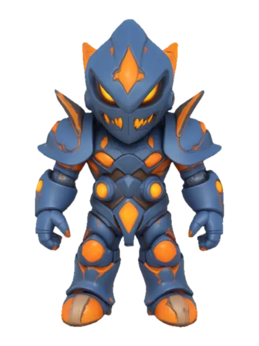 3D model for A stylized, compact chibi-style enemy character designed as a powerful bruiser. Mezalor has a bulky, wide body with short but thick limbs, and a small, slightly oversized head for a toy-like feel — but still fully riggable. His skin or armor is smooth and solid, with deep blue tones and bright glowing orange cracks, as if he's holding back massive inner power. He has no visible face — only a glowing slit, gem, or flat mask. Spikes or bony protrusions on shoulders and arms add menace without clutter. His overall shape is clean, rounded, and slightly exaggerated, like a collectible vinyl figure. The silhouette reads “small but unstoppable,” and the materials are glossy and toy-like — fitting a sci-fi fantasy boss squad.