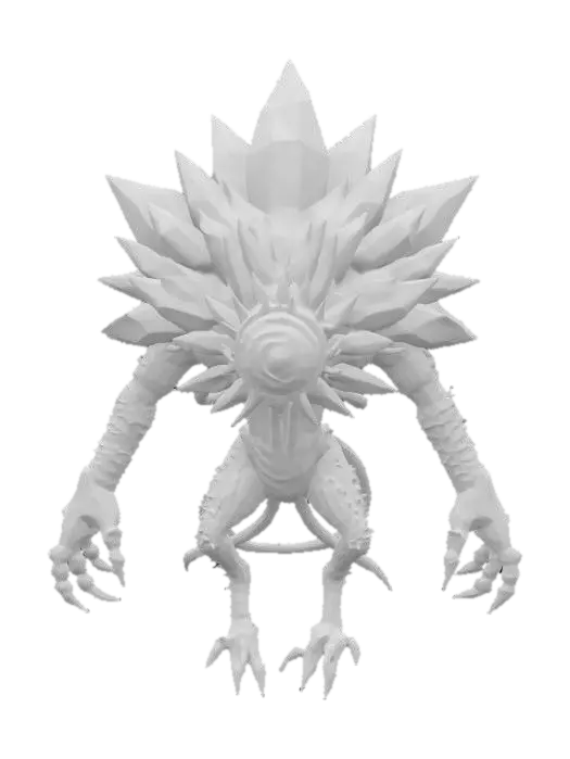 3D model for A 3D stylized enemy creature inspired by living shards. Its body looks like a floating cluster of jagged crystal fragments held together by glowing sinew or energy veins. The core is a pulsing orb of light that emits sparks. Each limb appears as a levitating shard moving independently but coordinated, like it's barely held together. When its health is low, the body begins to crack and rotate erratically before splitting into two smaller, less stable versions. Each clone retains broken pieces of the original, with gaps and asymmetry. Color scheme: obsidian black shards with inner cyan and magenta glow. Movement is jittery and floaty, with light distortion around the core. Looks unstable, like a living explosion waiting to happen.
